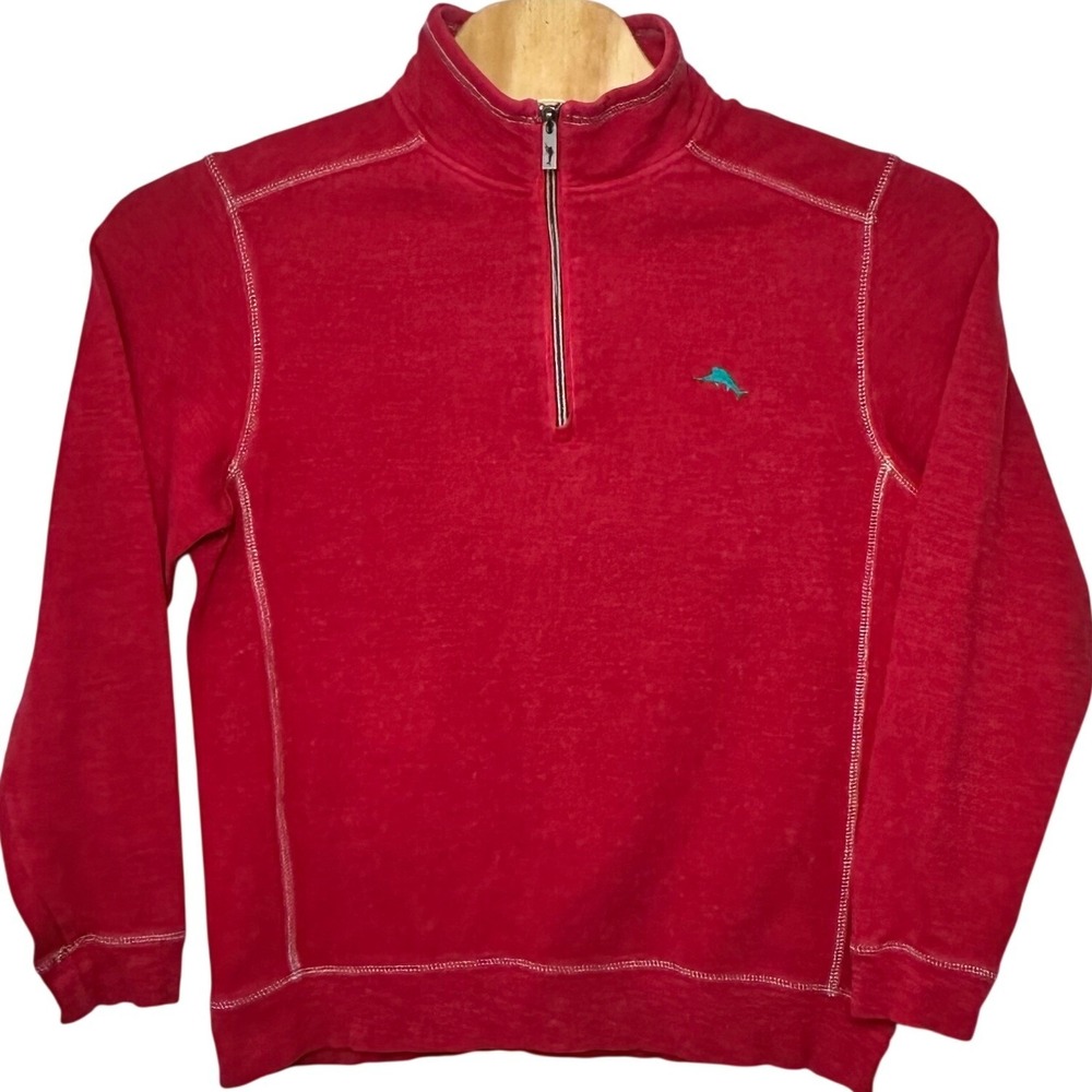 Tommy Bahama Mens Sz Medium Red Quarter Zip Pullover Sweater‎ Pima Cotton Tencel